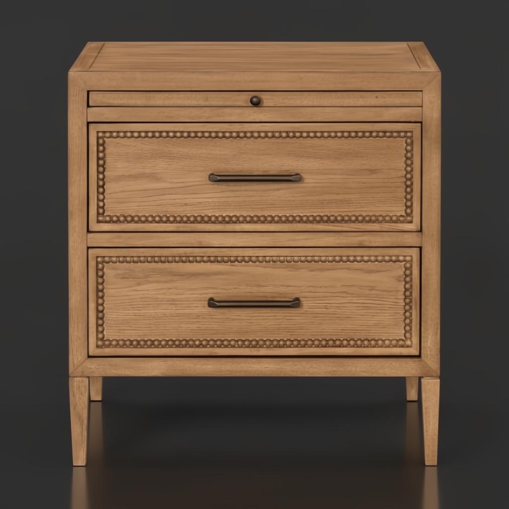 Surya Hermosa Nightstand: brown natural rubber wood and oak veneer nightstand with two drawers and metal pulls.