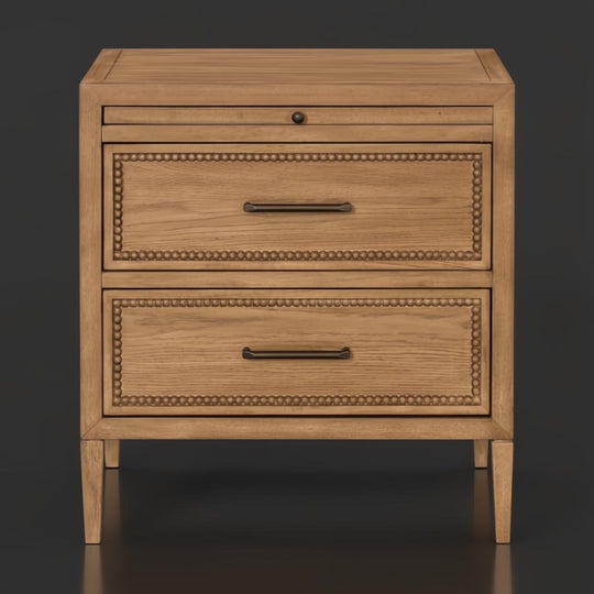Surya Hermosa Nightstand: brown natural rubber wood and oak veneer nightstand with two drawers and metal pulls.