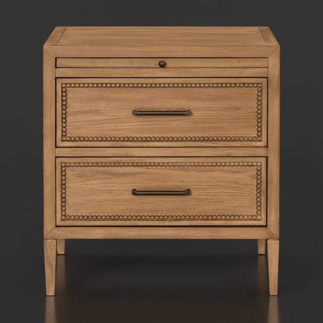 Surya Hermosa Nightstand: brown natural rubber wood and oak veneer nightstand with two drawers and metal pulls.
