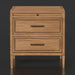Surya Hermosa Nightstand: brown natural rubber wood and oak veneer nightstand with two drawers and metal pulls.