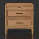Surya Hermosa Nightstand: brown natural rubber wood and oak veneer nightstand with two drawers and metal pulls.