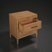 Brown natural Surya Hermosa nightstand with two drawers, one open revealing a felt lining, and metal pulls.
