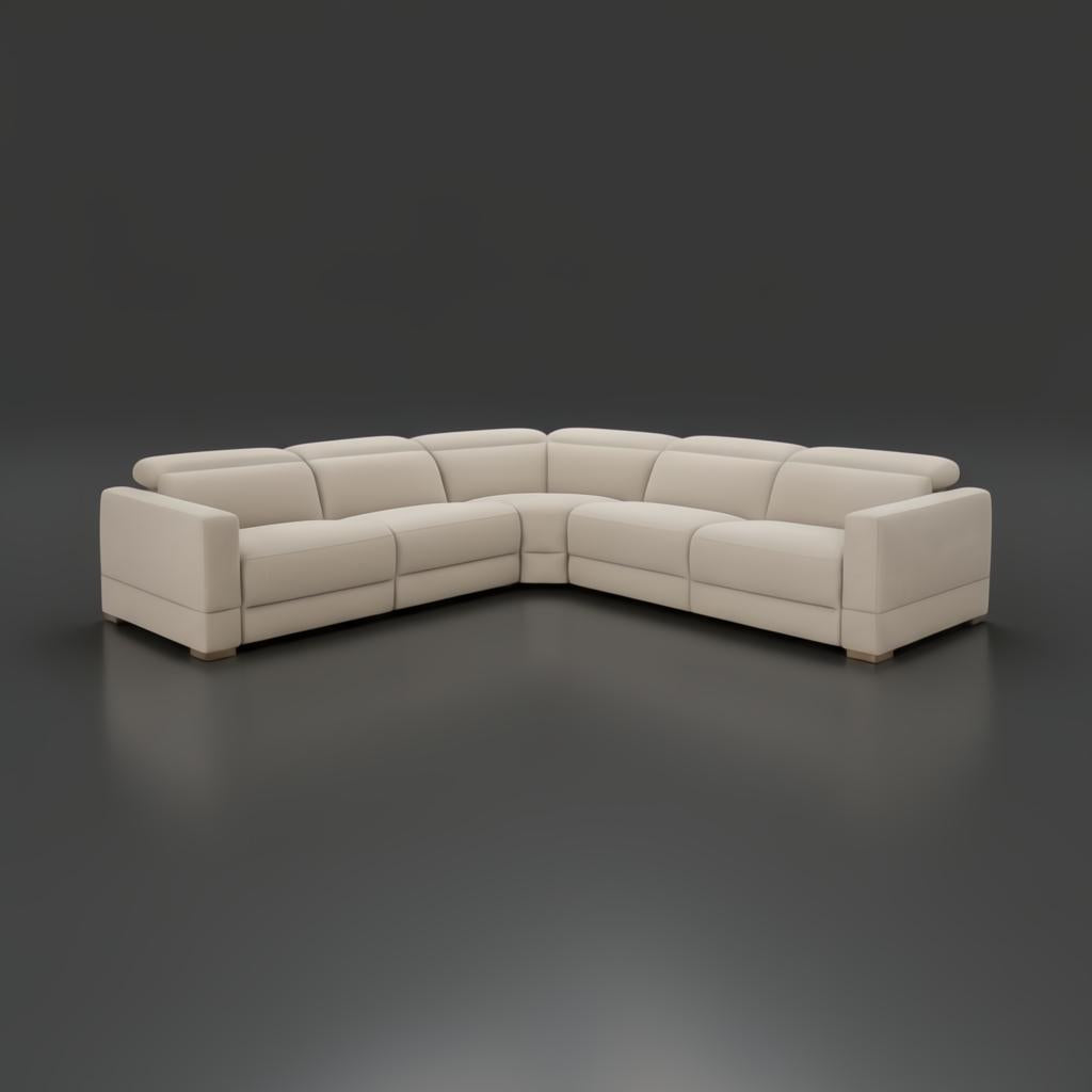 Surya Lloyd Power Sectional: Beige polyester L-shaped sofa with power reclining seats and a brown plywood base.