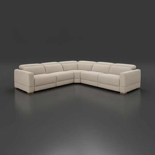 Surya Lloyd Power Sectional: Beige polyester L-shaped sofa with power reclining seats and a brown plywood base.