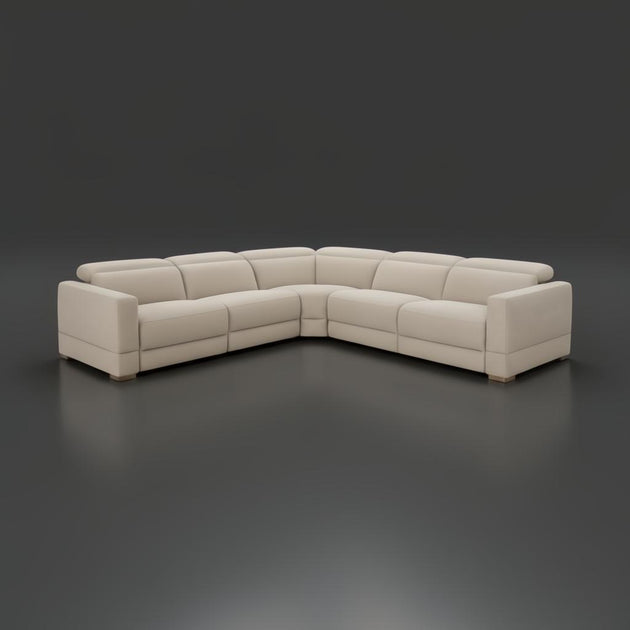Surya Lloyd Power Sectional: Beige polyester L-shaped sofa with power reclining seats and a brown plywood base.