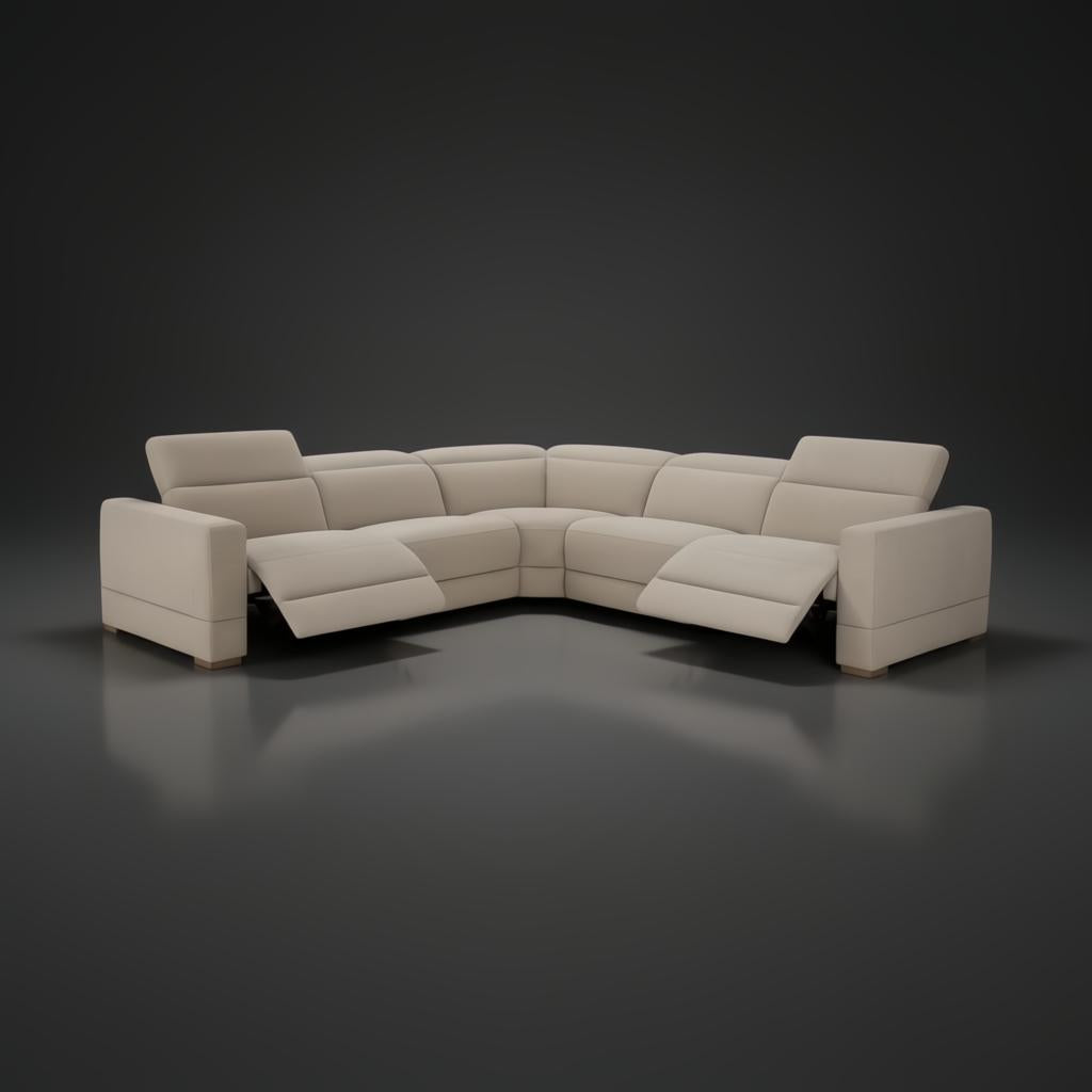 Surya Lloyd Power Sectional: beige polyester L-shaped sofa with power reclining seats and a brown plywood base.