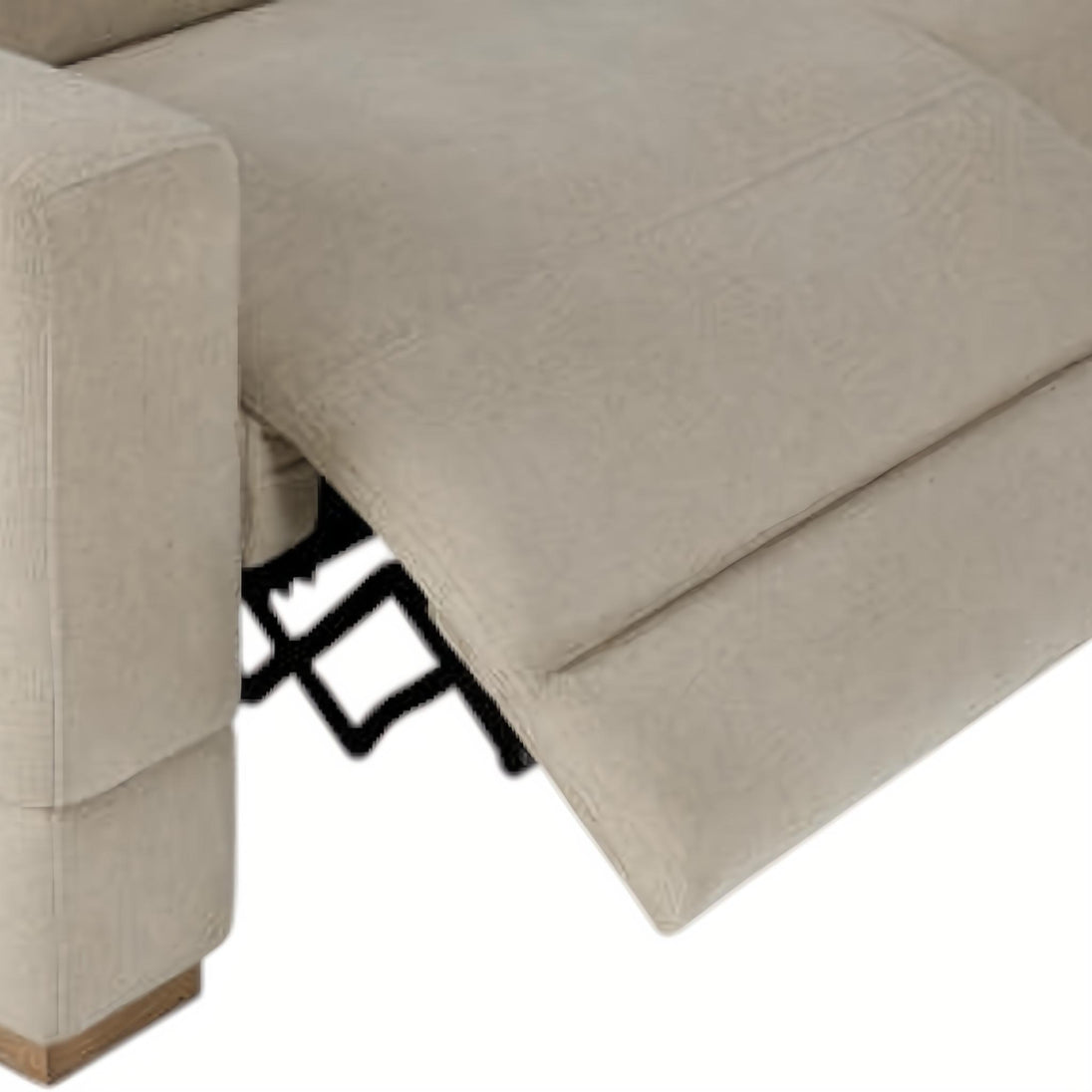 Close-up of a beige polyester power reclining sectional with a footrest extended, showing the mechanism.