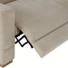 Close-up of a beige polyester power reclining sectional with a footrest extended, showing the mechanism.
