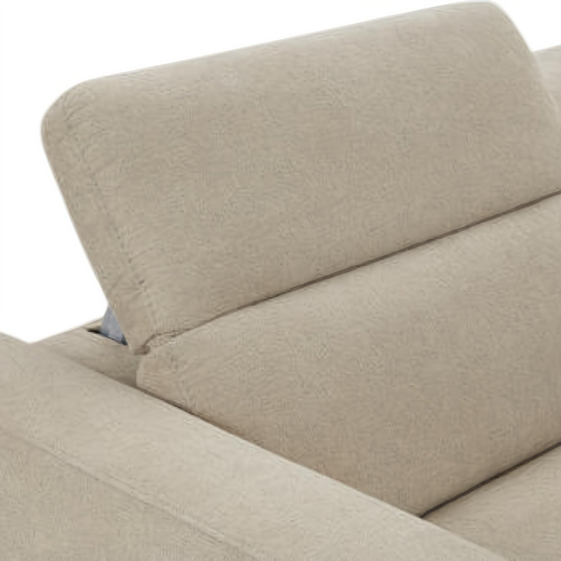 Close-up of a beige polyester power reclining sectional sofa headrest.