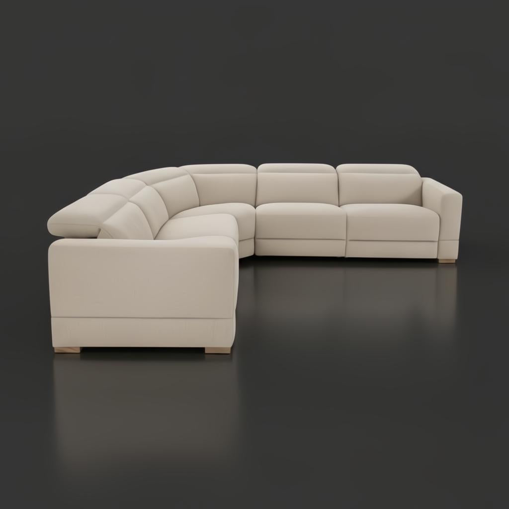 Beige polyester power reclining sectional with a brown plywood base.