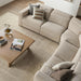Surya Lloyd Power Sectional: Beige polyester sectional sofa with power recline, brown plywood base, and throw pillows.