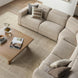 Surya Lloyd Power Sectional: Beige polyester sectional sofa with power recline, brown plywood base, and throw pillows.