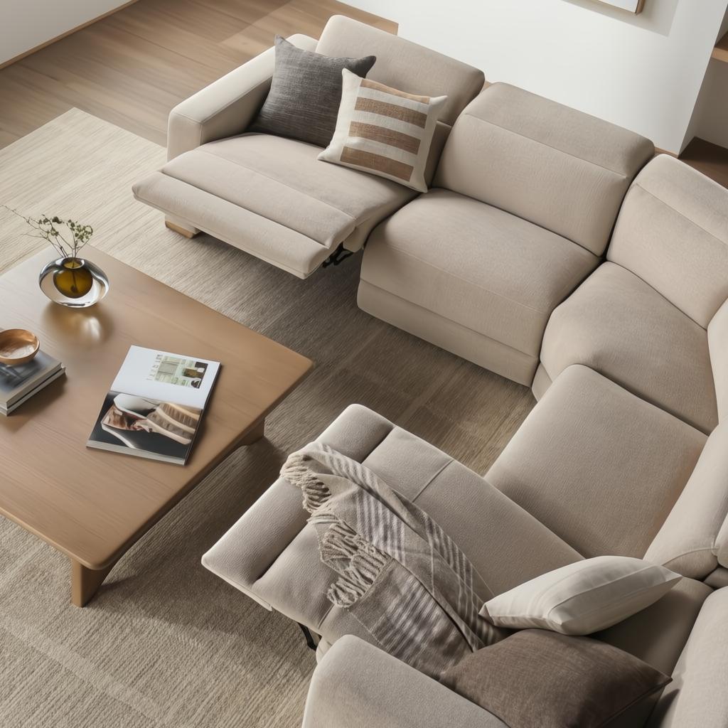 Beige Surya Lloyd Power Sectional with power reclining features, polyester cover, and brown plywood base.
