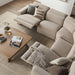 Beige Surya Lloyd Power Sectional with power reclining features, polyester cover, and brown plywood base.