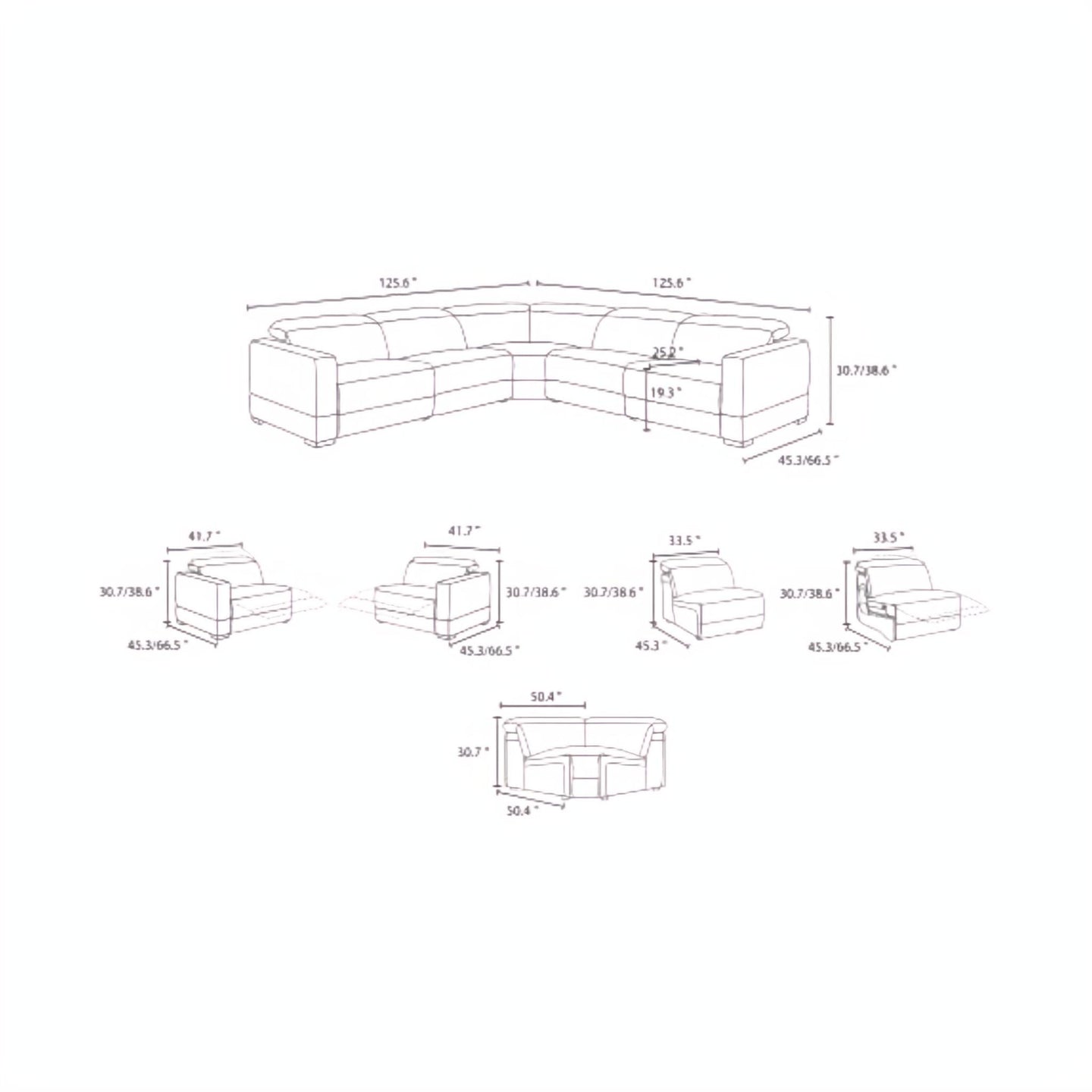 Diagram of a Surya Lloyd Power Sectional, showing overall dimensions and individual component measurements.