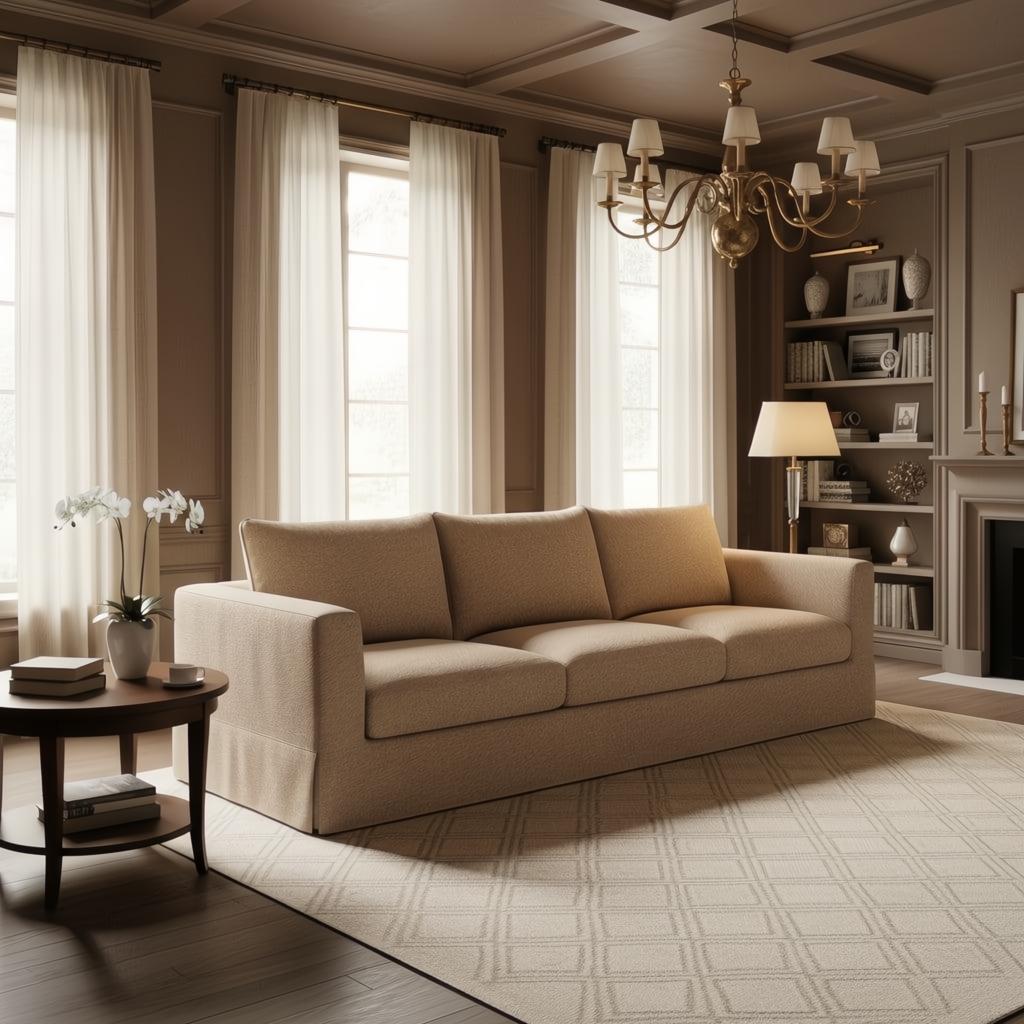 Surya Braydee brown polyester sofa with a clean, relaxed design in a living room setting.