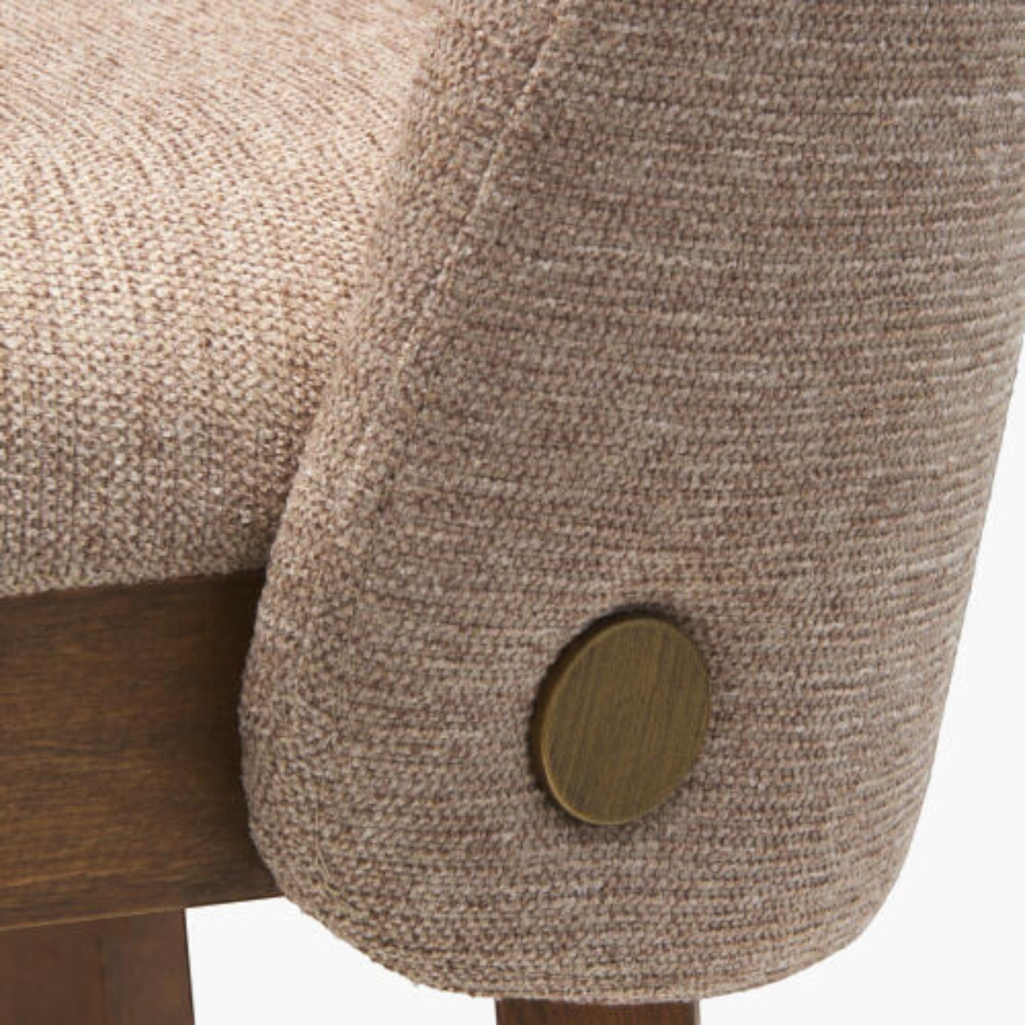 Close-up of a Surya Brooke dining chair with medium brown polyester upholstery and a wheat-finished beechwood base.