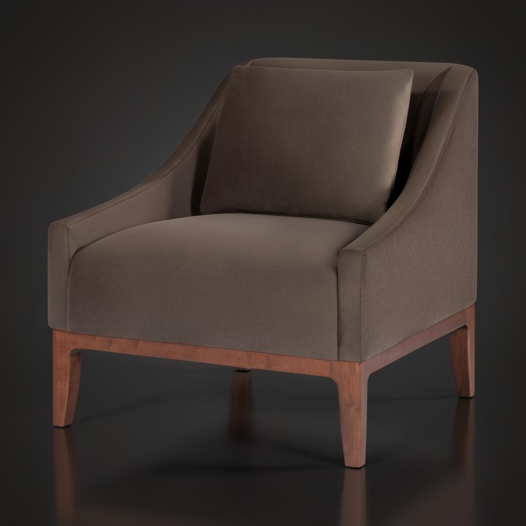Surya Casey accent chair with dark brown recycled fabric upholstery, plush cushion, and rubber wood base.