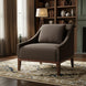 Surya Casey accent chair with dark brown recycled fabric upholstery, rubber wood base, and plush foam fill.