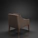 Surya Casey accent chair with brown recycled fabric upholstery and a rubber wood base, viewed from the back.