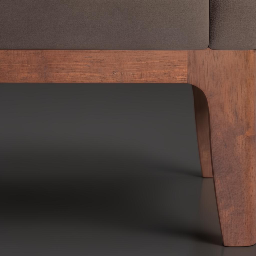 Close-up of a Surya Casey accent chair with dark brown recycled fabric upholstery and a rich brown rubber wood base.