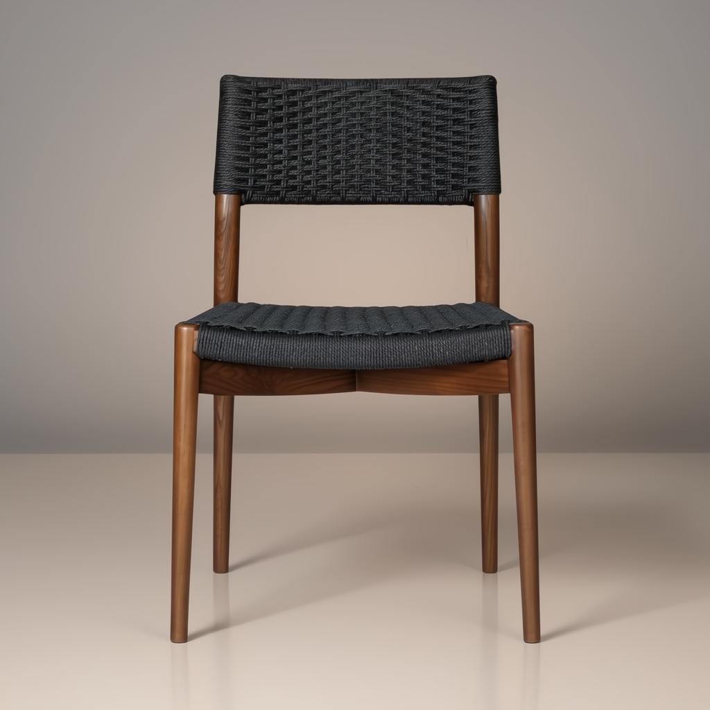 Surya Chia dining chair with brown stained ash wood frame and black woven seat and back.