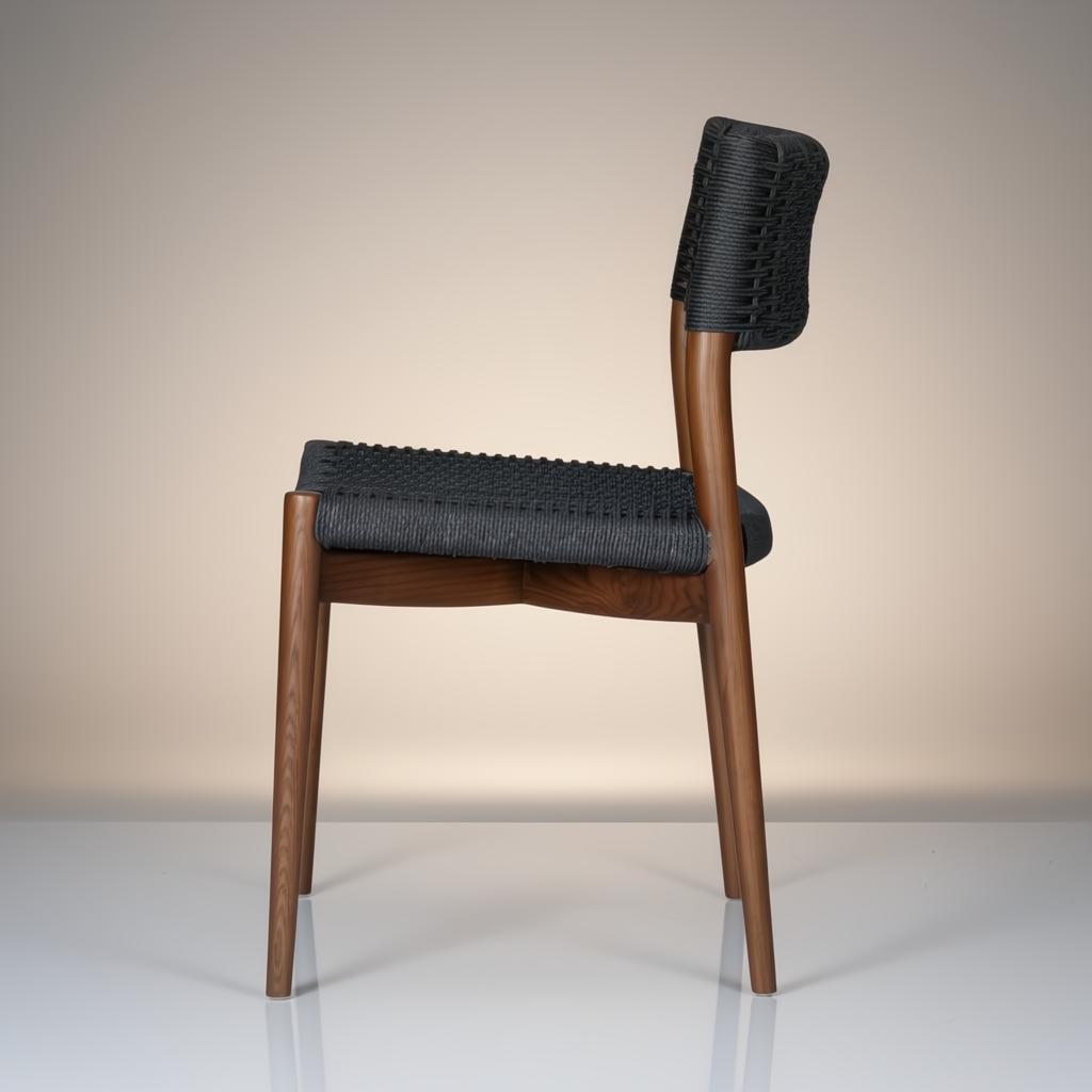 Surya Chia dining chair with brown stained ash wood frame and black woven seat and back.