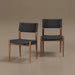 Two Surya Chia dining chairs with brown ash wood frames and black woven seats and backs.