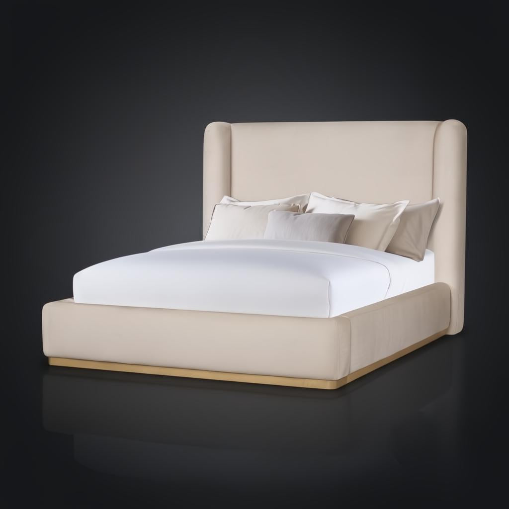 Surya Covina upholstered bed with a beige fabric headboard and frame, featuring a brown stained rubber wood base.