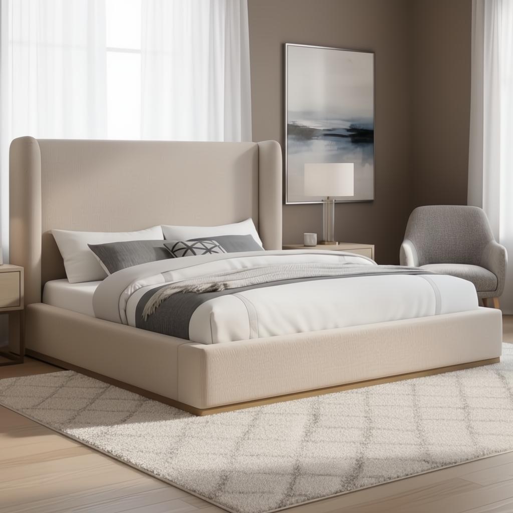 Oatmeal upholstered bed with a tall headboard, brown rubber wood base, and white bedding in a modern bedroom.
