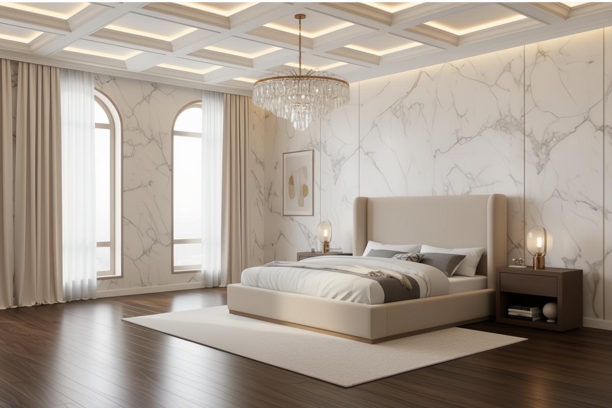 Surya Covina upholstered bed with oatmeal fabric and brown rubber wood base in a luxurious bedroom.