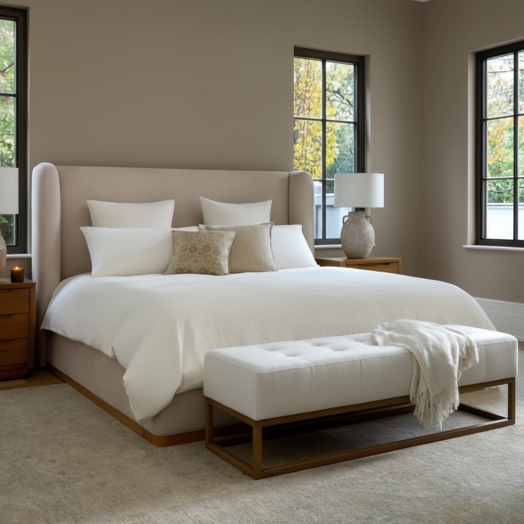 Surya Covina upholstered bed with a beige headboard, white bedding, and a matching tufted bench.