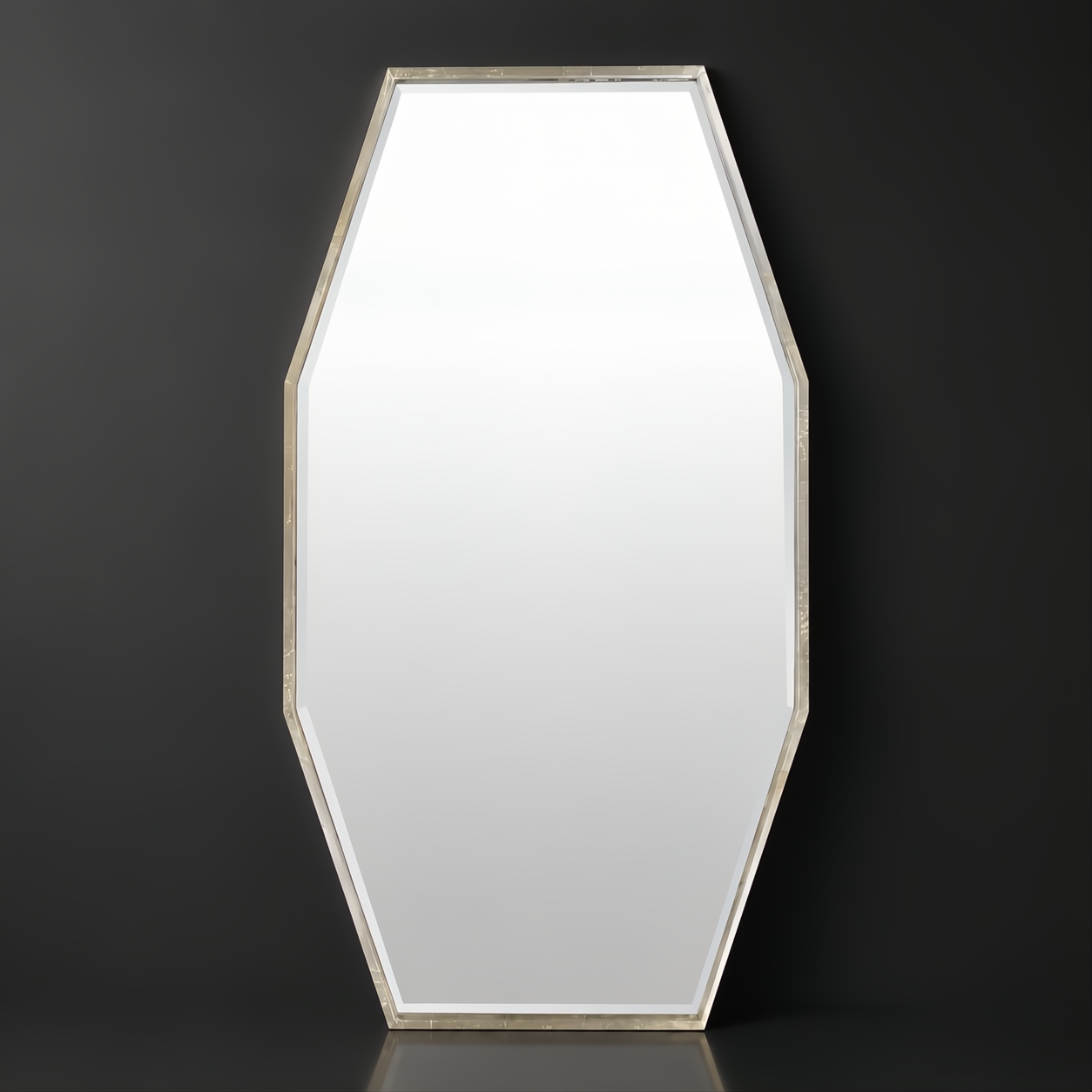 Elongated octagonal wall mirror with a gilded metallic silver iron frame and beveled glass.