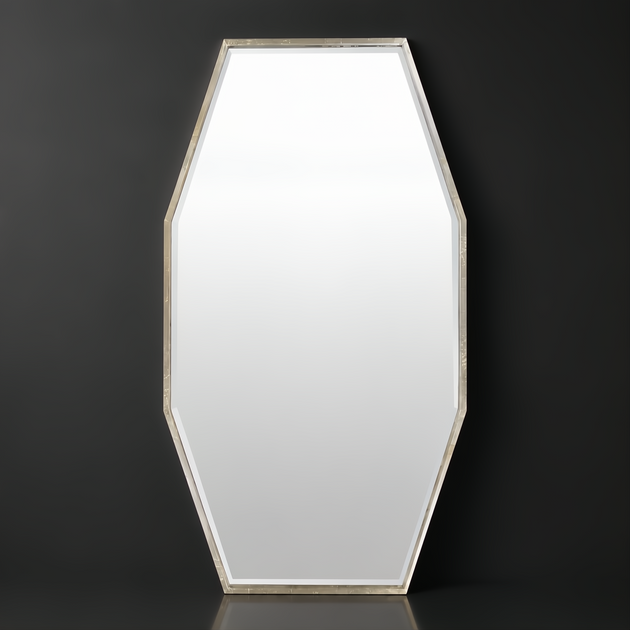 Elongated octagonal wall mirror with a gilded metallic silver iron frame and beveled glass.