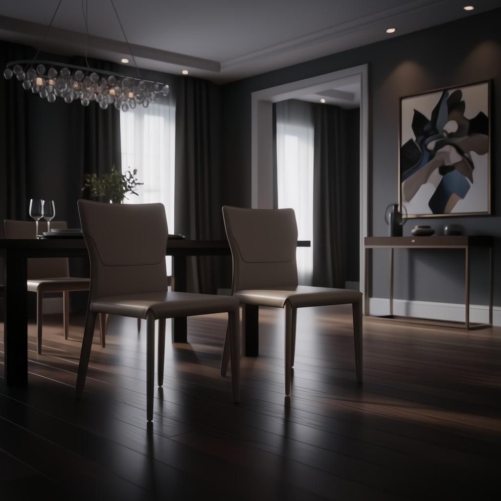 Two Surya Eric dining chairs with light brown PVC upholstery and khaki iron bases in a modern dining room.