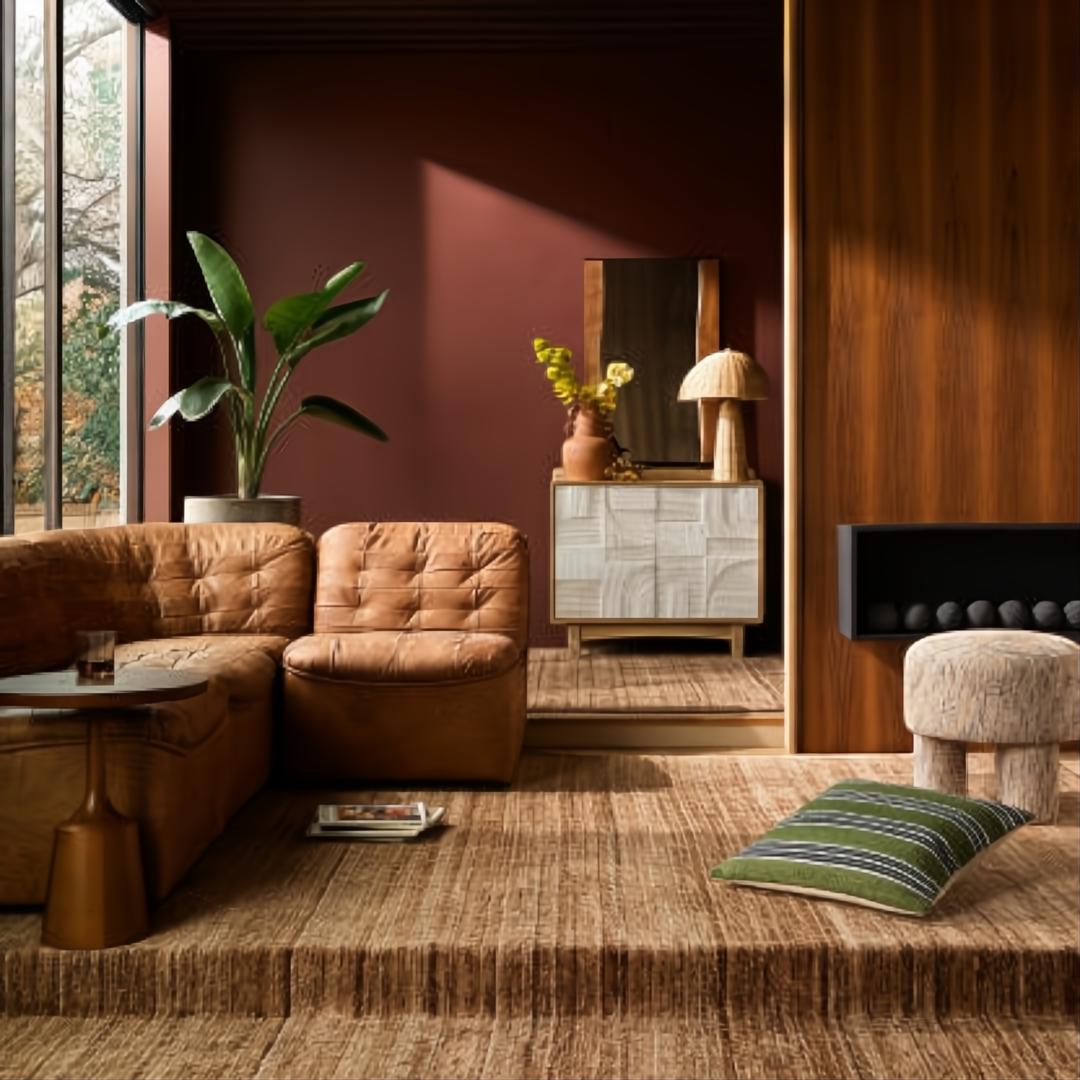 Surya Oryan modular sofa in brown leather, with a textured rug and modern decor in a living room.