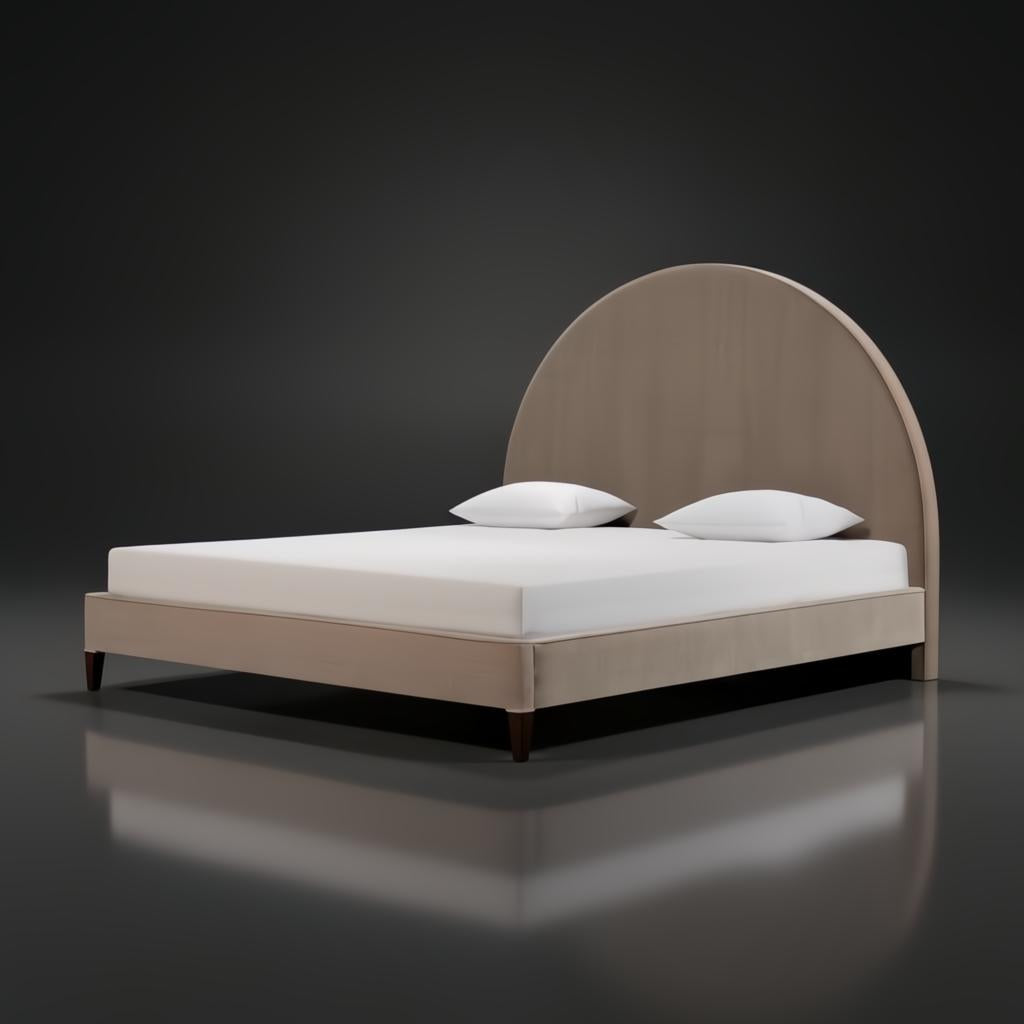 Surya Elipse upholstered bed with a curved headboard, dark brown cotton and polyester cover, and dark brown stained base.