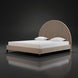 Surya Elipse upholstered bed with a curved headboard, dark brown cotton and polyester cover, and dark brown stained base.