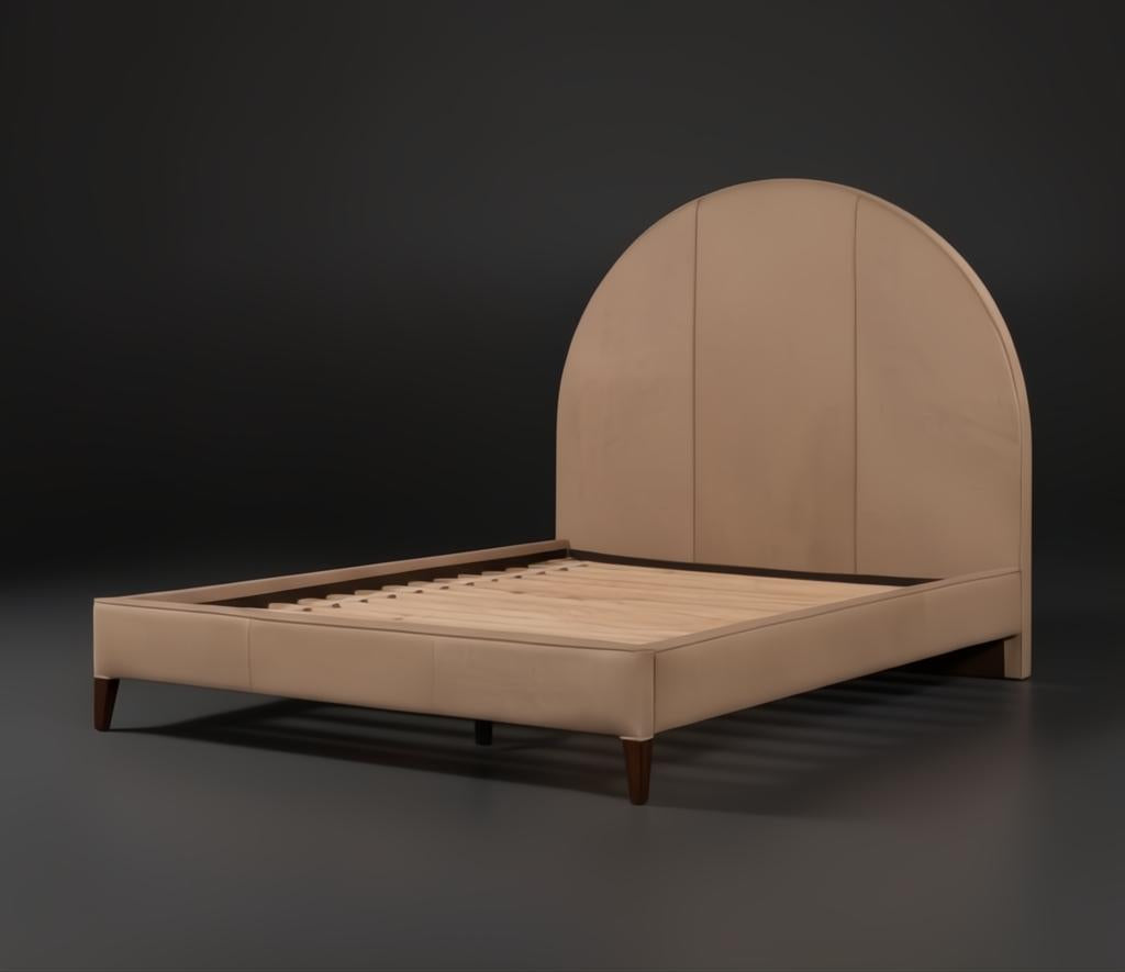 Surya Elipse upholstered bed with a curved headboard, light brown cotton-polyester cover, and dark brown wood legs.