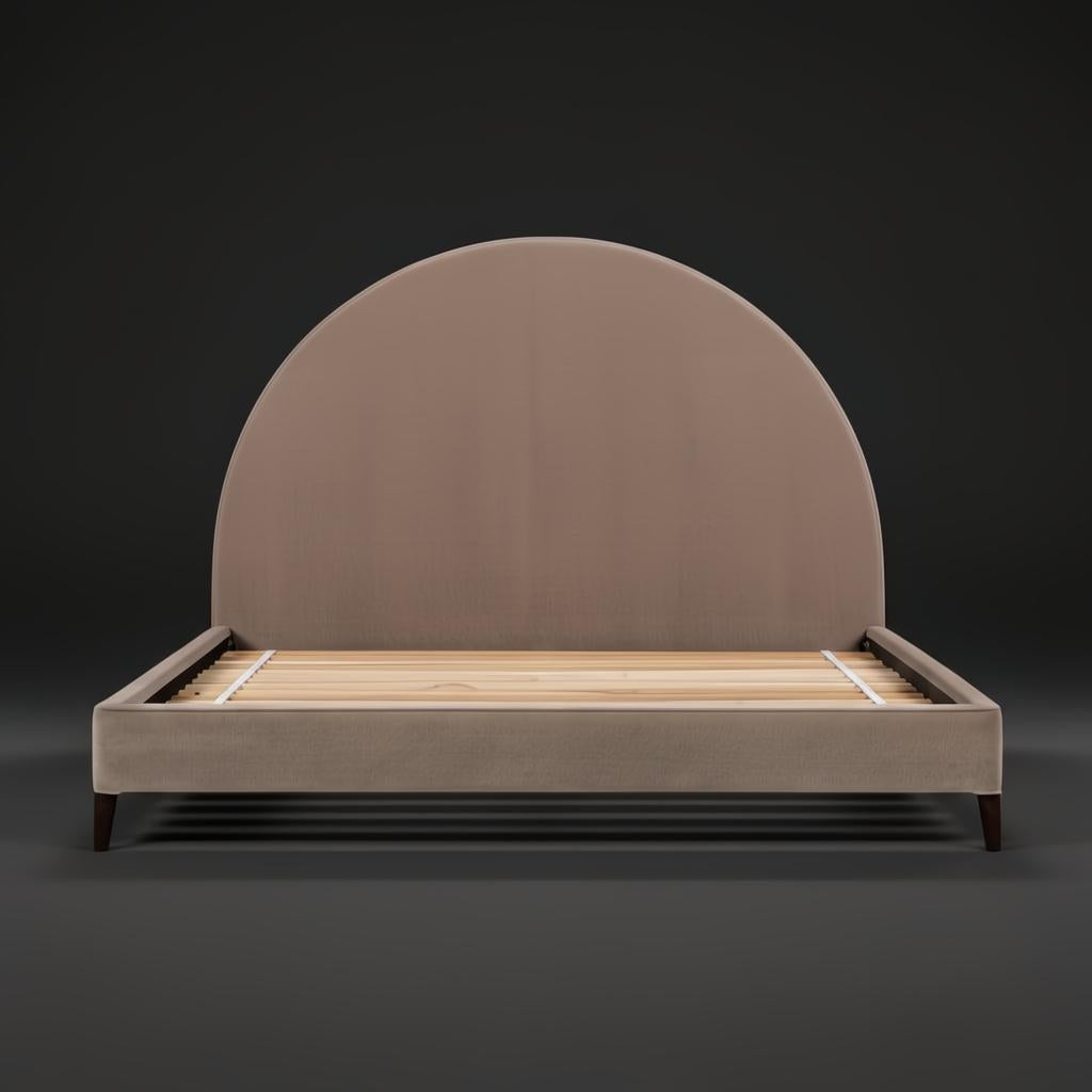 Surya Elipse upholstered bed with a large, curved headboard and dark brown fabric.