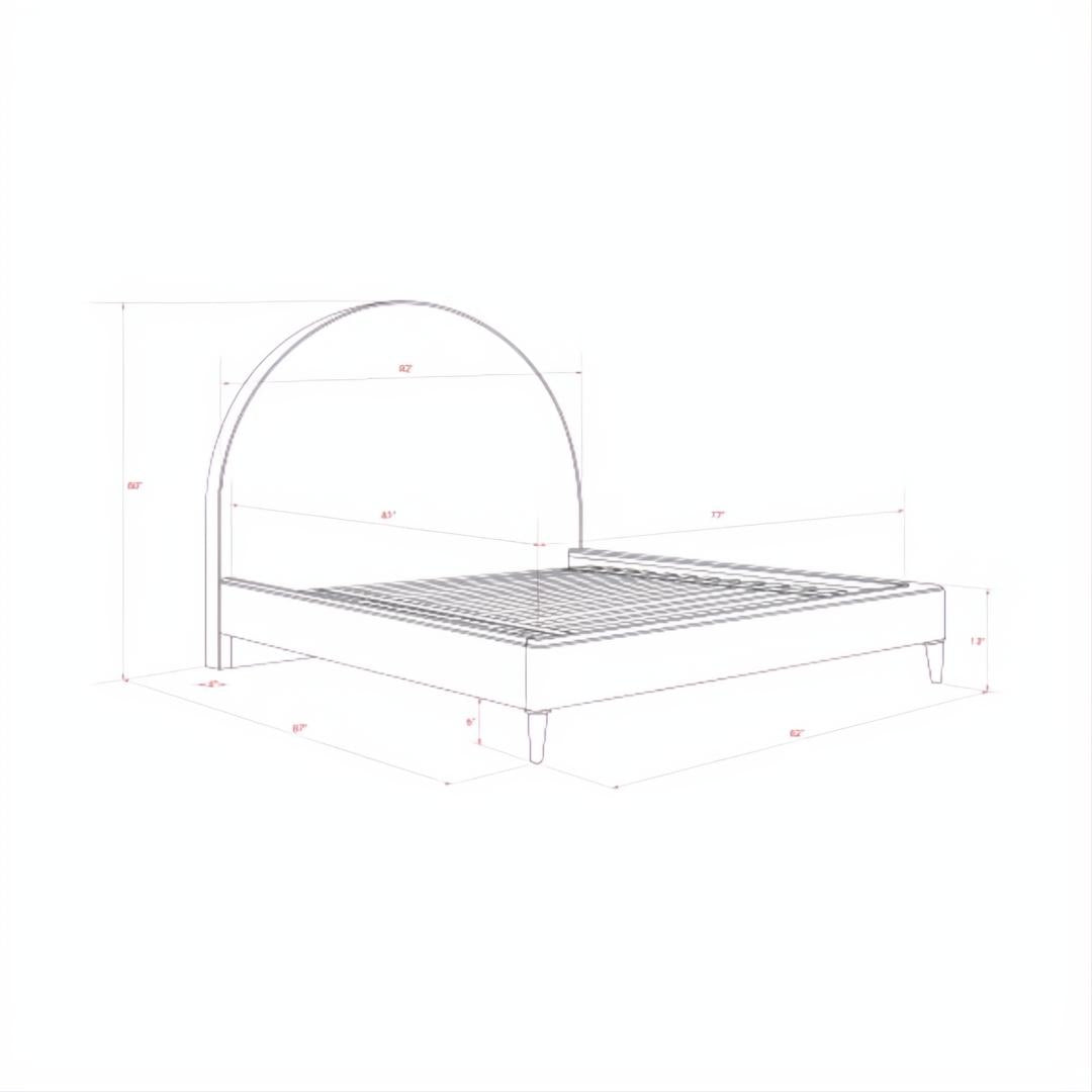 Line drawing of the Surya Elipse Upholstered Bed, showing its arched headboard, structured base, and dimensions.