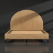 Surya Elipse upholstered bed with a rounded tan leather headboard and dark brown stained wooden legs.