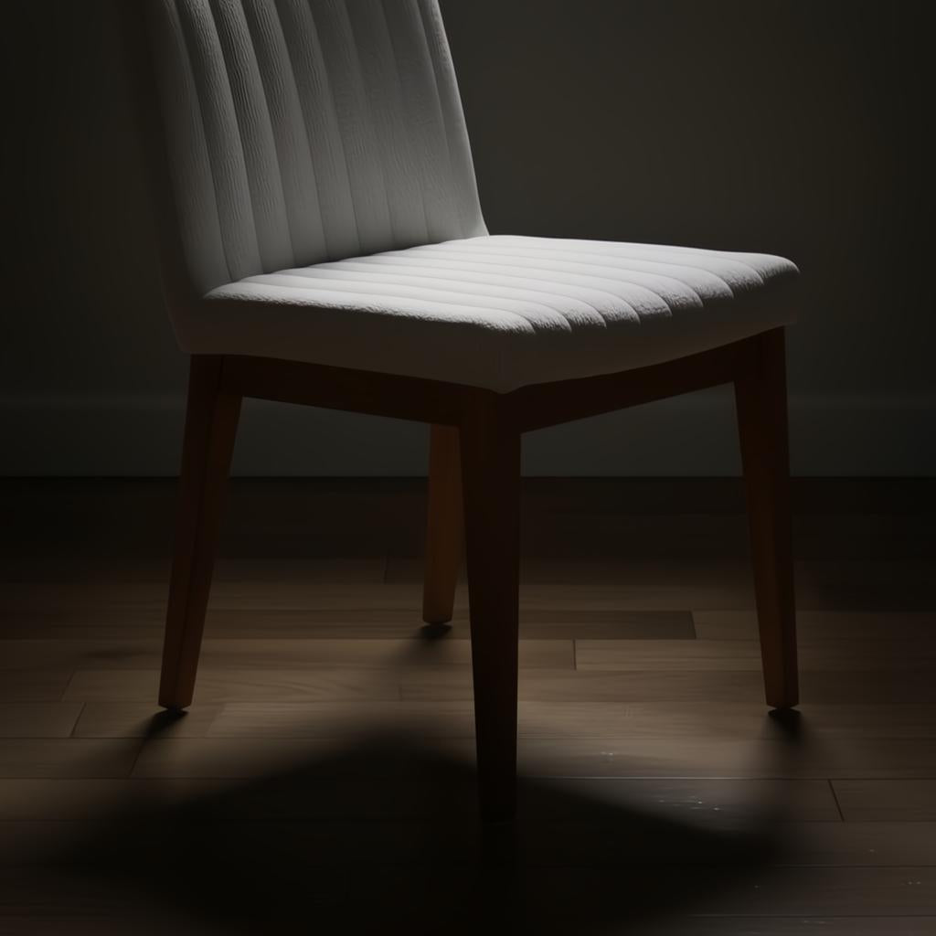 Surya Joanne dining chair with off-white polyester upholstery and wheat rubber wood base on a wooden floor.