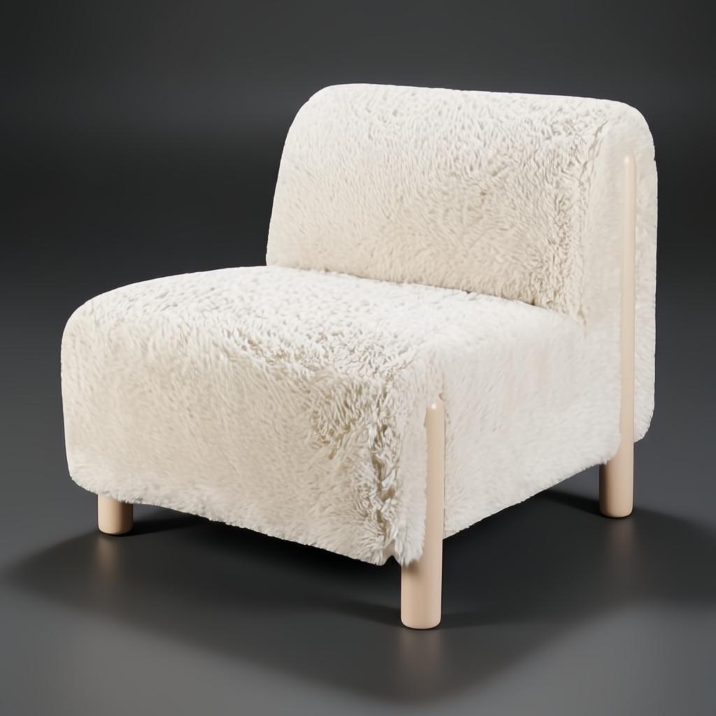 Fluffy off-white accent chair with a soft upholstered look and light brown rubber wood base.