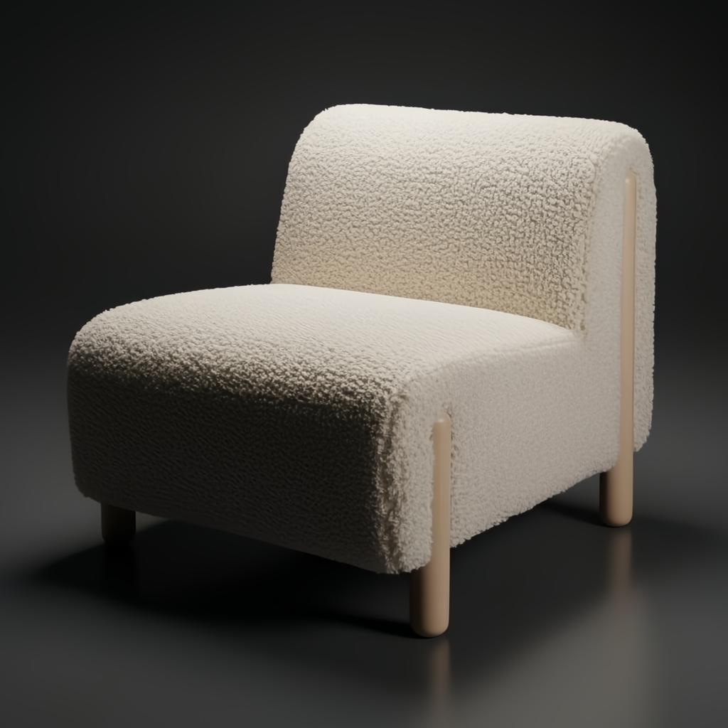 Off-white polyester accent chair with a soft, textured look and light brown rubber wood legs.