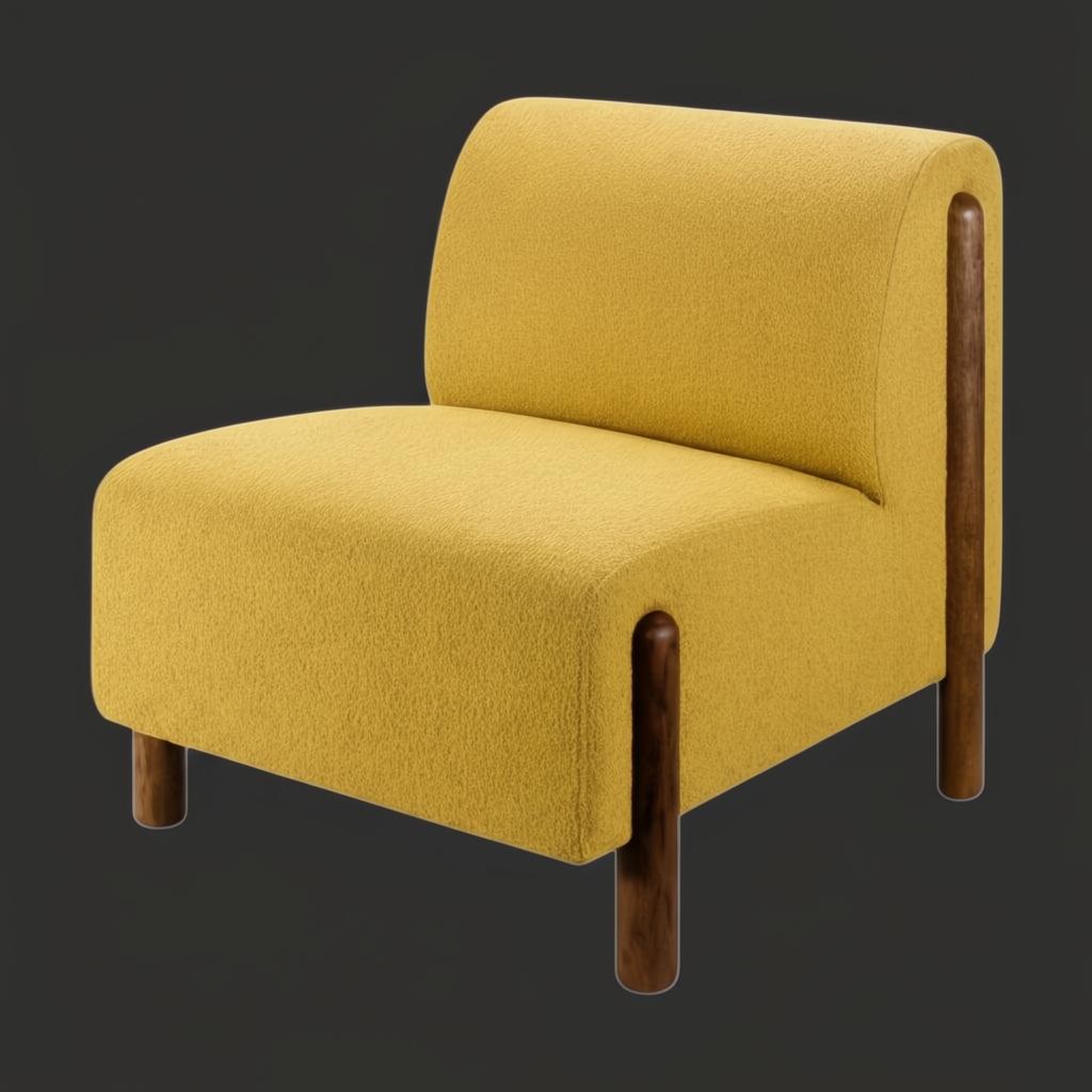 Surya Kenwood accent chair with yellow polyester upholstery and dark brown rubber wood legs.