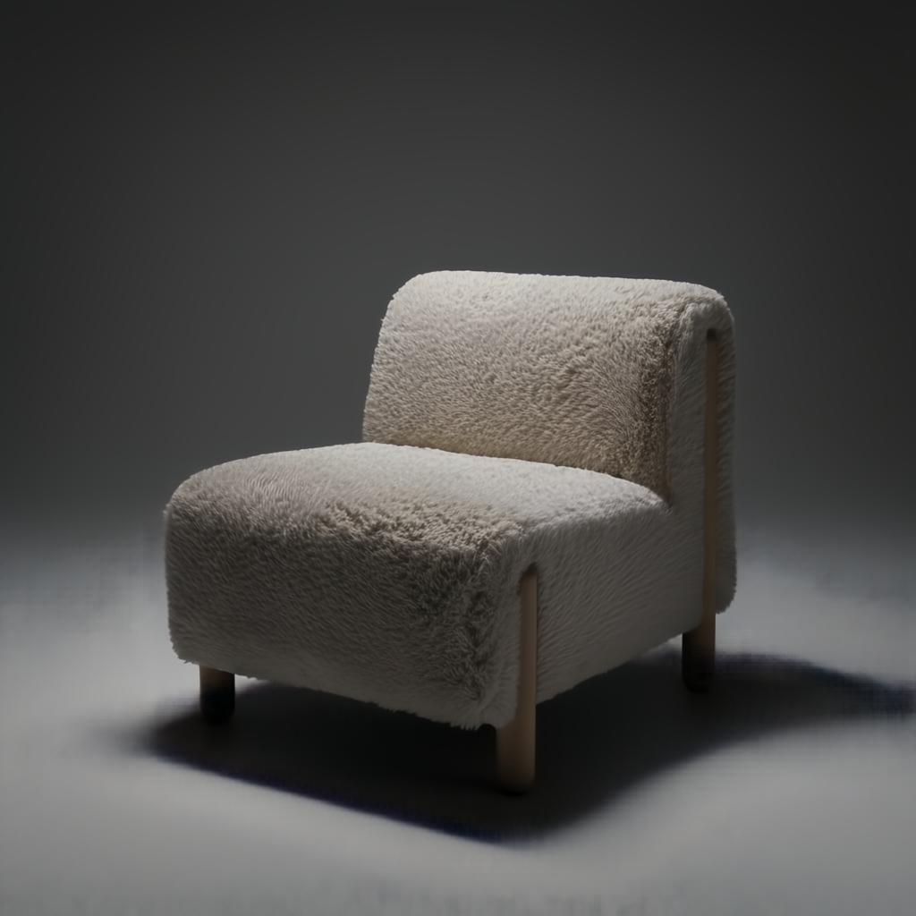 Off-white polyester accent chair with a soft, textured look and light brown rubber wood legs.