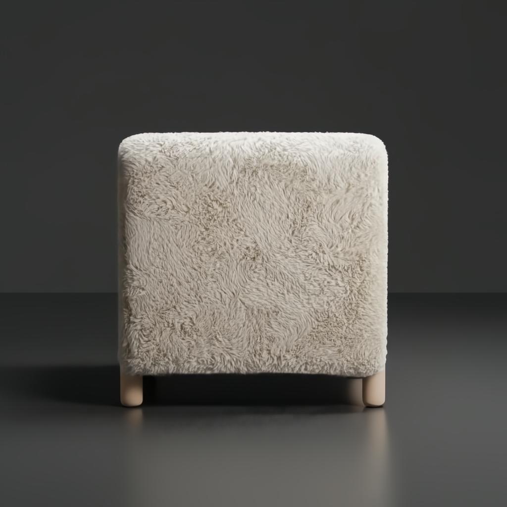 Off-white polyester accent chair with a soft, shaggy texture and light brown rubber wood legs.