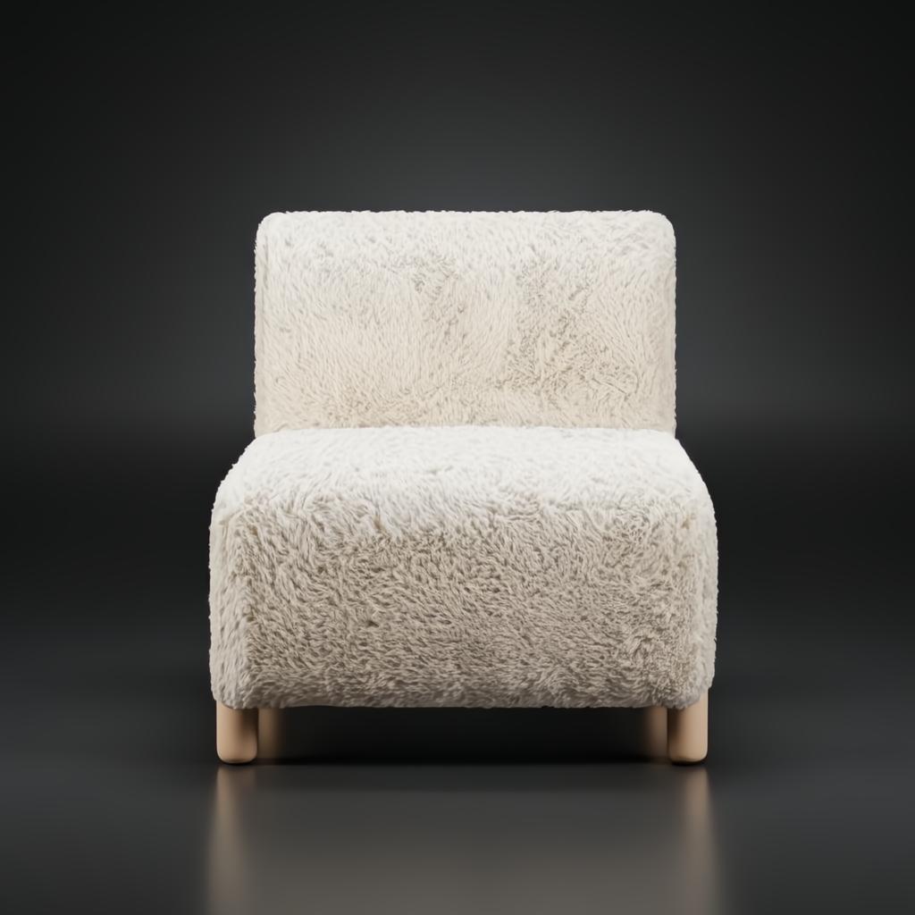 Off-white polyester accent chair with a soft, textured look and light brown rubber wood base.