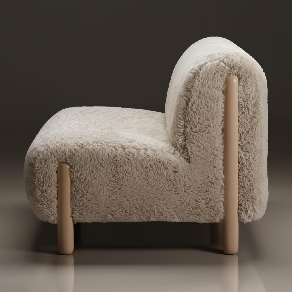 Off-white polyester accent chair with a soft, fluffy texture and light brown rubber wood legs.